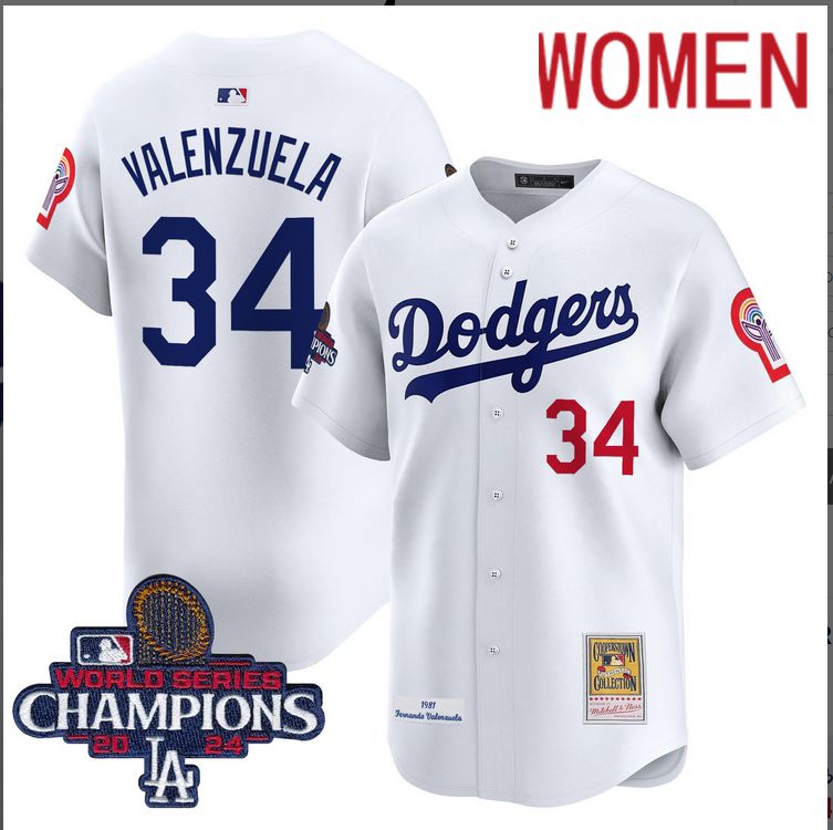 Women  MLB Los Angeles Dodgers #34 Valenzuela white 2024 World Series Champions Patch Cooperstown Jersey ->women mlb jersey->Women Jersey